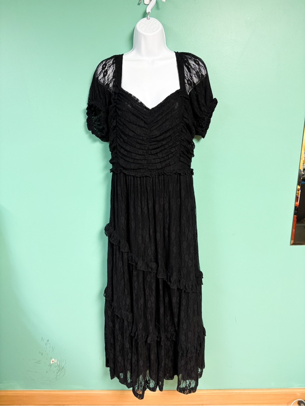 NWT AE American Eagle Mixed Knit Lace Bodice Midi Romper Dress Black Size L NEW - Picture 3 of 12
